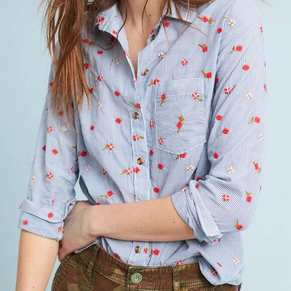 🌹 Anthropologie –Maeve Agda Cotton Striped Embroidered Button Down– 6 – Worn 1X - Picture 1 of 13